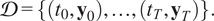 script upper D equals StartSet left parenthesis t 0 comma bold y 0 right parenthesis comma ellipsis comma left parenthesis t Subscript upper T Baseline comma bold y Subscript upper T Baseline right parenthesis EndSet period
