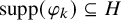supp left parenthesis phi Subscript k Baseline right parenthesis subset of or equal to upper H