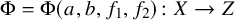 normal upper Phi equals normal upper Phi left parenthesis a comma b comma f 1 comma f 2 right parenthesis colon upper X right arrow upper Z
