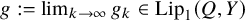 g colon equals limit Underscript k right arrow infinity Endscripts g Subscript k element of upper L i p 1 left parenthesis upper Q comma upper Y right parenthesis