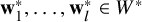 bold w 1 Superscript asterisk Baseline comma ellipsis comma bold w Subscript l Superscript asterisk Baseline element of upper W Superscript asterisk