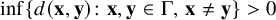 inf left brace d left parenthesis bold x comma bold y right parenthesis colon bold x comma bold y element of normal upper Gamma comma bold x not equals bold y right brace greater than 0