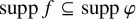 supp f subset of or equal to supp phi