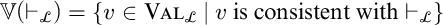 Double-struck V open parenthesis turnstile sub script script L close parenthesis equals open curly bracket v element of V A L sub script script L vertical bar v is consistent with turnstile sub script script L close curly bracket