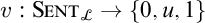 v colon S E N T sub script L yields open curly bracket 0 comma u comma 1 close curly bracket