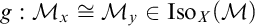 Equation showing g colon script M sub x is isomorphic to script M sub y in I s o sub X (script M).