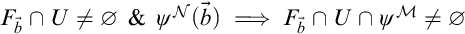 Equation: F sub b-vector intersect U is not equal to the empty set, and psi super N of b-vector implies F sub b-vector intersect U intersect psi super M is not equal to the empty set.