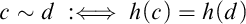 Mathematical equation c tilde d colon if and only if h(c) equals h(d).