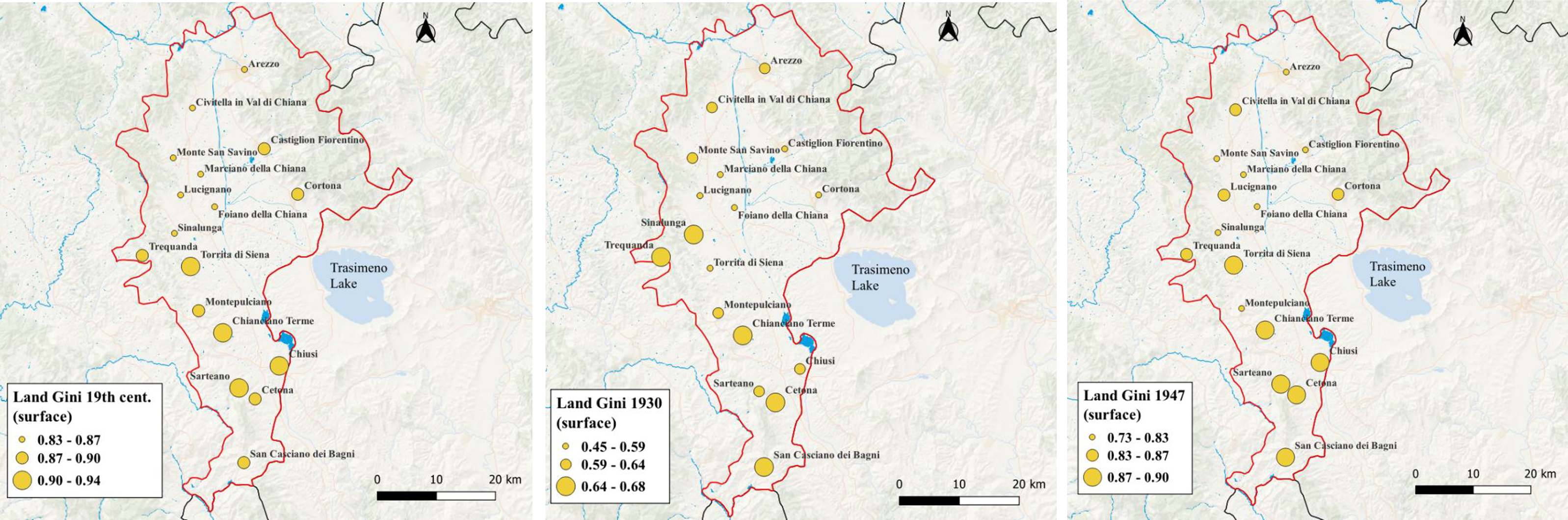 Three maps show land inequality in the Val di Chiana from the 19th century to 1947.