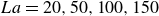 upper L a equals 20 comma 50 comma 100 comma 150