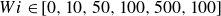 upper W i element of left bracket 0 comma 10 comma 50 comma 100 comma 500 comma 100 right bracket