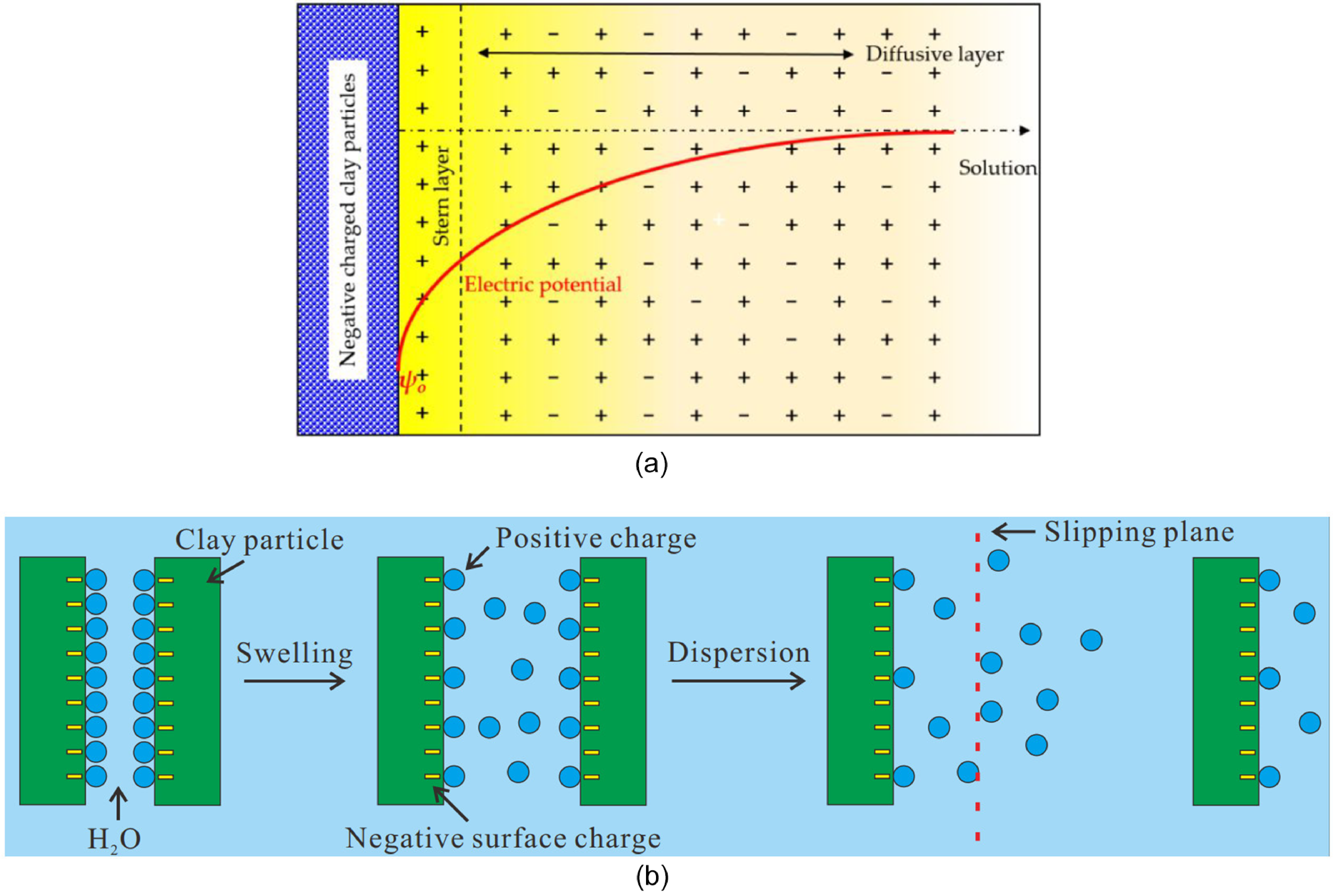 A diagram illustrating the electric double layer and clay-water interactions in shales, showing the distribution of electric potential near a negatively charged clay surface and the processes of clay swelling and dispersion.