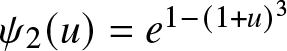 psi 2 left parenthesis u right parenthesis equals e 1 minus left parenthesis 1 plus u right parenthesis 3