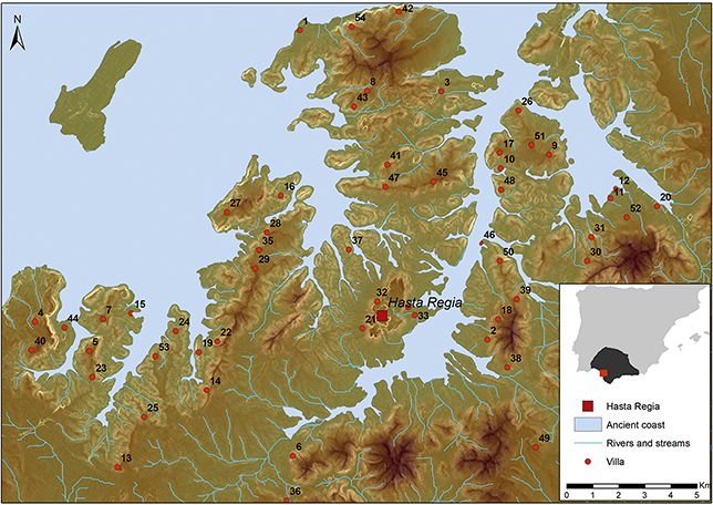 Map of the study area, with a location detail in the Iberian Peninsula. It shows the Roman city of Hasta Regia and its territory, with a reconstruction of the ancient estuary of the Guadalquivir River and the 54 archaeological sites with numeration.
