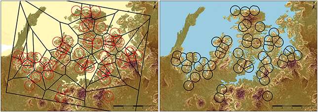 Comparison between a buffer analysis and Thyessen one. Both illustrations are from the territory of Hasta Regia.