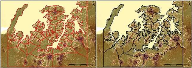 Two illustrations. Left: cost allocation using a basic friction map; right: enhanced cost allocation incorporating Tobler’s hiking function. All illustrations represent the same Hasta Regia territory.