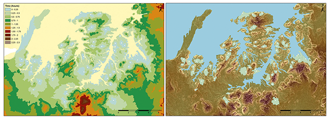 Two map illustrations. Left: isochrone map from path analysis; right: 15-minute walkable areas derived from cost and path distance models. All illustrations represent the same Hasta Regia territory.