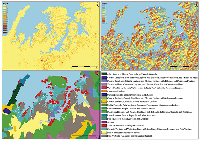 Top left: slope gradient map; top right: terrain orientation; bottom: soil classification across the study area. All maps represent the same Hasta Regia territory.