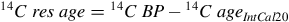 Subscript Superscript 14 Baseline upper C r e s a g e equals Subscript Superscript 14 Baseline upper C upper B upper P minus Subscript Superscript 14 Baseline upper C a g e Subscript upper I n t upper C a l Baseline 20