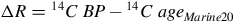 normal upper Delta upper R equals Subscript Superscript 14 Baseline upper C upper B upper P minus Subscript Superscript 14 Baseline upper C a g e Subscript upper M a r i n e Baseline 20