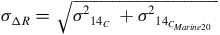 sigma Subscript normal upper Delta upper R Baseline equals StartRoot sigma squared Subscript 14 Sub Subscript upper C Subscript Baseline plus sigma squared Subscript 14 Sub Subscript upper C Sub Sub Subscript upper M a r i n e Baseline 20 Sub Subscript Subscript Baseline EndRoot