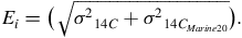 upper E Subscript i Baseline equals left parenthesis StartRoot sigma squared Subscript 14 upper C Baseline plus sigma squared Subscript 14 upper C Sub Subscript upper M a r i n e Baseline 20 Subscript Baseline EndRoot right parenthesis period
