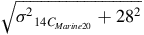 StartRoot sigma squared Subscript 14 upper C Sub Subscript upper M a r i n e Baseline 20 Subscript Baseline plus 28 squared EndRoot