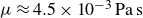 mu almost equals 4.5 times 10 Superscript negative 3 Baseline normal upper P normal a normal s