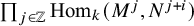 product Underscript j element of double struck upper Z Endscripts hom Subscript k Baseline left parenthesis upper M Superscript j Baseline comma upper N Superscript j plus i Baseline right parenthesis