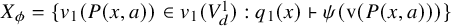 upper X Subscript phi Baseline equals StartSet normal v 1 left parenthesis upper P left parenthesis x comma a right parenthesis right parenthesis element of normal v 1 left parenthesis upper V Subscript d Superscript 1 Baseline right parenthesis colon q 1 left parenthesis x right parenthesis right tack psi left parenthesis normal v left parenthesis upper P left parenthesis x comma a right parenthesis right parenthesis right parenthesis EndSet