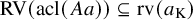upper R upper V left parenthesis acl left parenthesis upper A a right parenthesis right parenthesis subset of or equal to rv left parenthesis a Subscript normal upper K Baseline right parenthesis