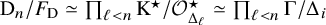 normal upper D Subscript n Baseline divided by upper F Subscript normal upper D Baseline asymptotically equals product Underscript script l less than n Endscripts normal upper K Superscript star Baseline divided by script upper O Subscript normal upper Delta Sub Subscript script l Superscript star Baseline asymptotically equals product Underscript script l less than n Endscripts normal upper Gamma divided by normal upper Delta Subscript i