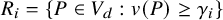 upper R Subscript i Baseline equals StartSet upper P element of upper V Subscript d Baseline colon v left parenthesis upper P right parenthesis greater than or equals gamma Subscript i Baseline EndSet