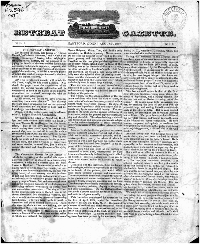 The front page of the newspaper, Retreat Gazette, Hartford, Connecticut, August 1837. It features a small engraving of the Hartford Retreat above the title and text laid out in three columns, with a receipt stamp and handwritten markings.