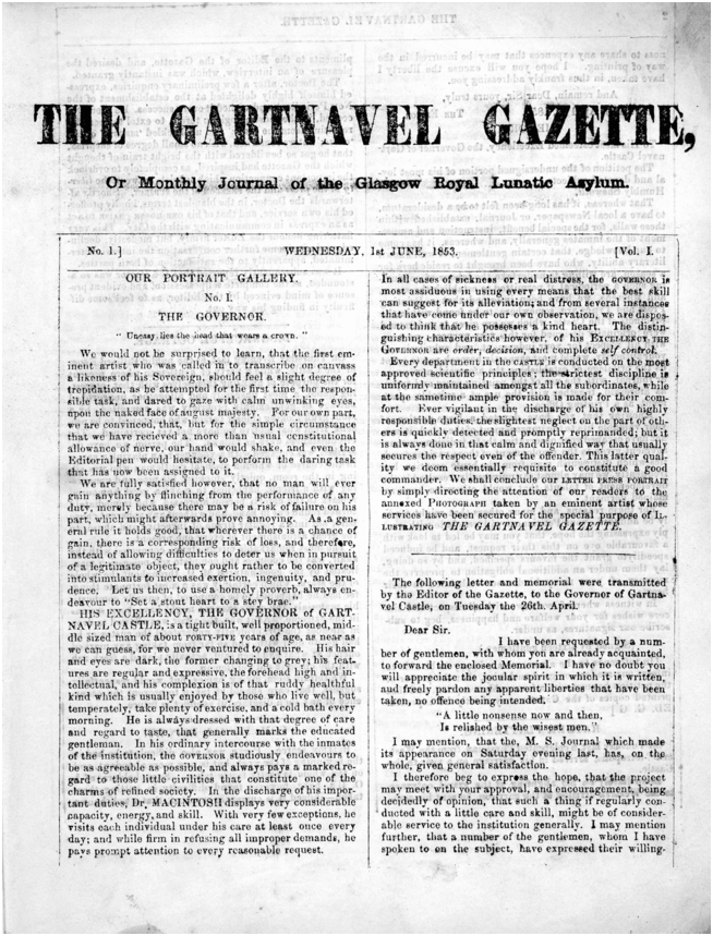 The front page titled, The Gartnavel Gazette, Monthly Journal of the Glasgow Royal Lunatic Asylum, and dated, Wednesday 1st June 1853, is laid out in two columns. The print is slightly misaligned to the sheet, slanting at a slight angle.