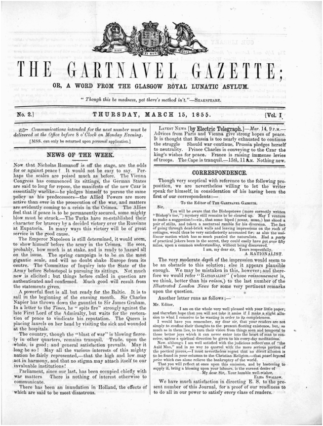 The page titled, The Gartnavel Gazette, March 15, 1855, features a coat of arms at the top with a lion and a unicorn. The contents are laid out in two columns.