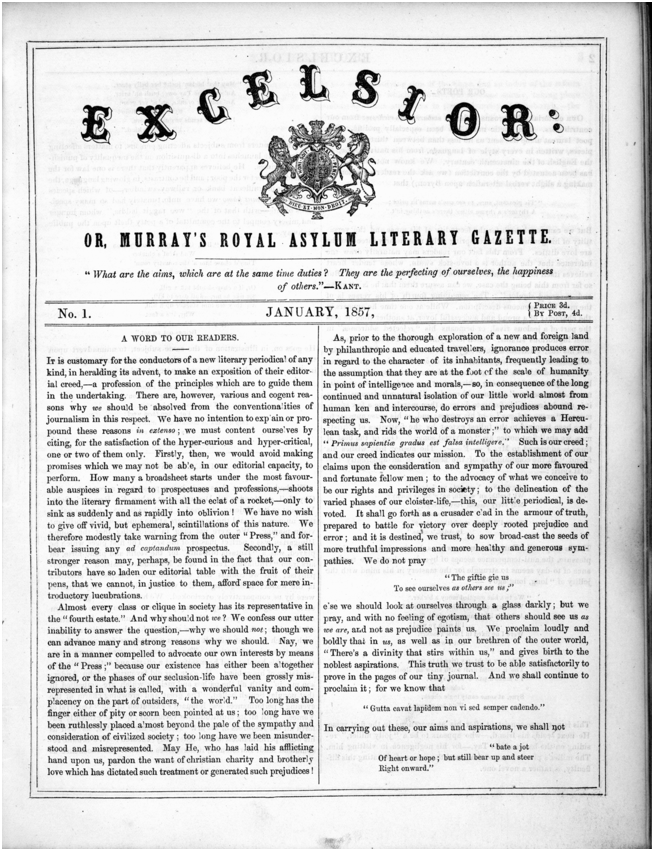 The title, Excelsior, arches over a coat of arms featuring a lion and a unicorn. The page is from Excelsior: or, Murray’s Royal Asylum Literary Gazette, January 1857. The contents are set up in a two column layout.