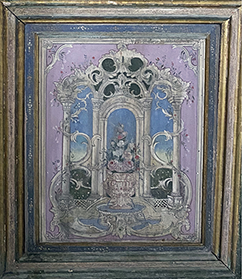 A painted Ottoman door panel depicting a rococo fountain framed by columns, arches, flowers, and pastel blue and pink backgrounds.