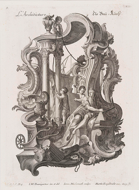 Rococo engraving titled L’Architecture from The Seven Liberal Arts series. A seated female figure holds drafting tools beside two cherubs under an ornate arch with scrolls, columns, and architectural instruments scattered below.