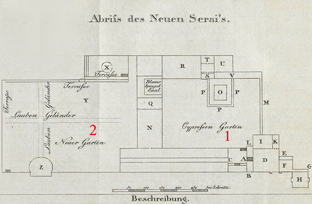 Schematic site plan of the Topkapı Waterfront Palace from Hammer’s Constantinopolis und der Bosporos. The labeled diagram shows the palace layout with numbered gardens, terraces, and adjoining rooms arranged along the shoreline.