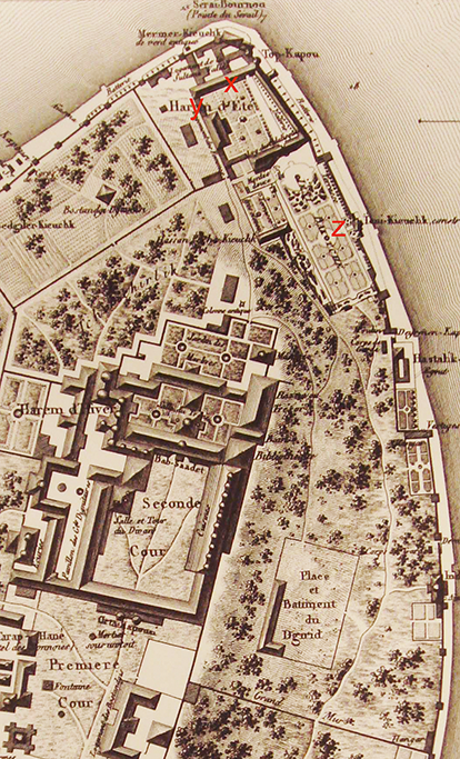 Historic map from Melling’s Voyage pittoresque showing the imperial palace complex and the peninsular tip near the Cannon Gate. The detailed plan depicts courtyards, gardens, kiosks, and marked areas labeled X, Y, and Z along the shoreline.