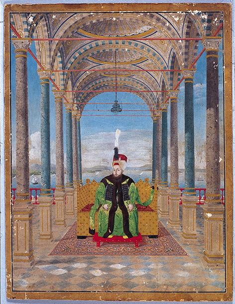 Portrait of Sultan Selim III seated on a gilded throne under the arched, domed canopy of the Marble Kiosk, overlooking the Bosphorus. The architectural setting features marble columns, coffered ceilings, and a tiled floor.
