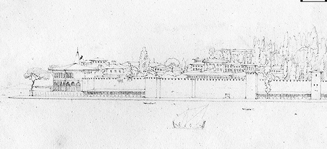 Panoramic pencil sketch by Robert Cockerell depicting the seaward façade of the Topkapı Palace. The drawing shows domed kiosks, walled terraces, and small boats on the Bosphorus, capturing the palace’s waterfront architecture with delicate linework.