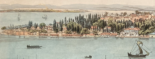 Watercolor detailing a panorama of Constantinople. It shows the Topkapı Palace at the peninsular tip and captures its tree-filled courtyards, domed pavilions, and seaward walls, with ships and small boats sailing on the Bosphorus in the foreground.