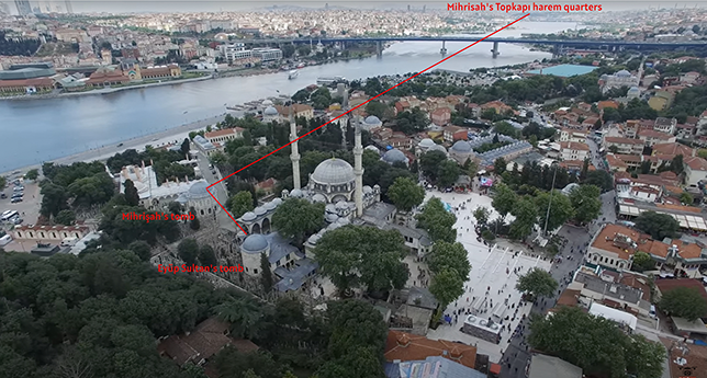 Aerial view of Istanbul’s Eyüp district showing Mihrişah Valide Sultan’s tomb aligned with Eyüp Sultan’s tomb. Lines mark a visual axis toward Topkapı Palace across the Golden Horn, linking the imperial and spiritual centers of Ottoman identity.