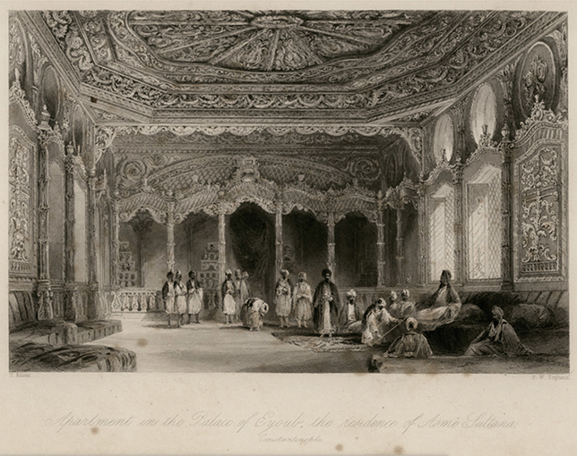 Interior view of Esma Sultan’s palace in Eyüp by Thomas Allom, depicting a richly ornamented hall with an elaborately carved ceiling, arched niches, and seated attendants around the princess, conveying Ottoman luxury and ceremonial elegance.
