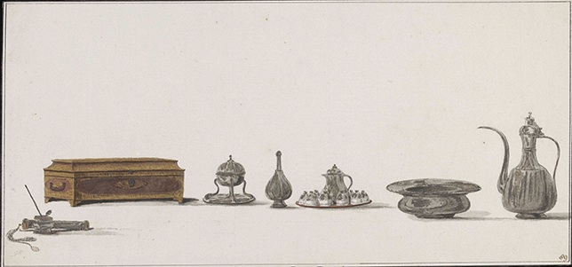 Watercolor illustration depicting Ottoman domestic objects, including a wooden inlaid box, coffee utensils, ewer, basin, and metal vessels arranged in a row, showcasing refined craftsmanship and everyday luxury.