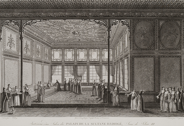 Engraving showing the ornate Rococo interior of Hatice Sultan’s Neşatabad waterfront mansion, where Hatice is seated at left, and Beyhan approaches from the right, surrounded by elegantly dressed attendants beneath a richly decorated ceiling.
