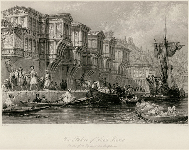 Engraving by Thomas Allom depicting the waterfront Palace of Said Pasha, formerly Beyhan Sultan’s Akıntıburnu yalı, with its timber façade and latticework windows projecting over the Bosphorus. Boats and figures animate the lively shoreline scene.