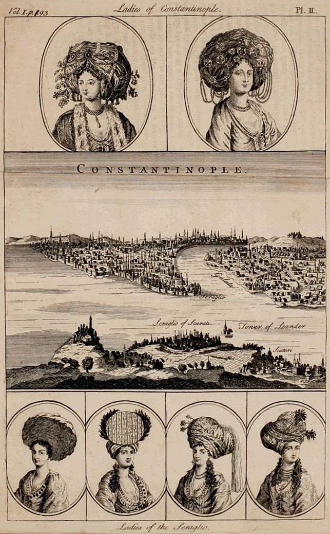 Engraved plate with women’s costume portraits framing a city view: two ovals at top and three at bottom show Ottoman women in ornate headdresses; center is a panoramic shoreline of domes and minarets titled Constantinople and Ladies of the Seraglio.